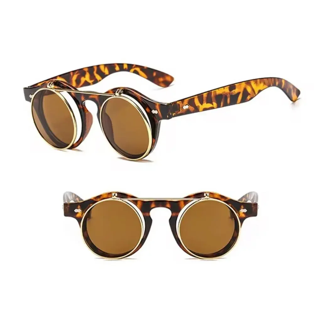 Music Festival Fashion Sunglasses Round Lenses Flip-Up Unisex - Tortoise